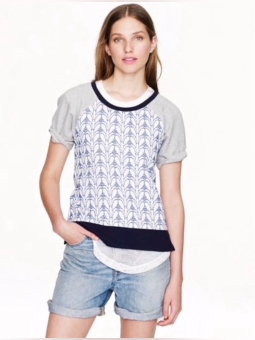 J.Crew Lace Front Short Sleeve Colorblock Sweatshirt Grey Navy XL
